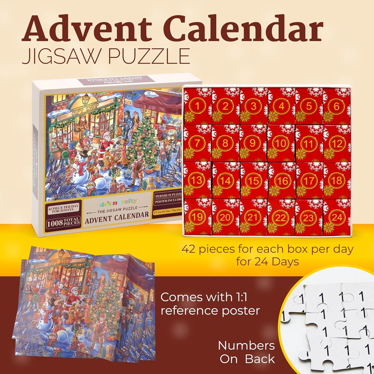4E’s Novelty Christmas Advent Calendar Jigsaw Puzzle 2024 – 1008 Pcs 24-Day Countdown Wooden Advent Calendar for Kids & Adults, Puzzle Advent Calendar Christmas Gift for Teens, Boys & Girls